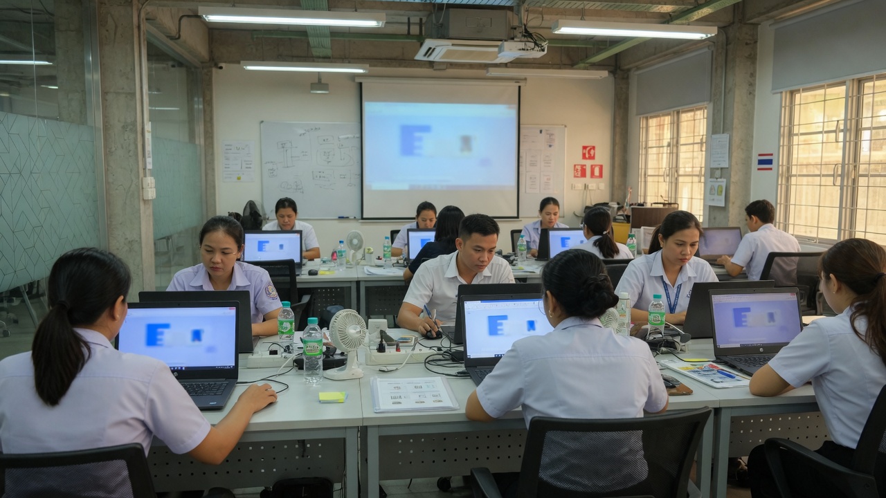 Staff AI-training session in a Thai office, laptops open with screens glowing